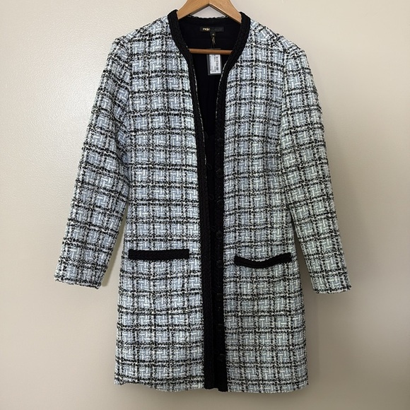 New Maje Tweed Effect Dress Blue Black Plaid Button Front Mini Size 40/L - Picture 7 of 16